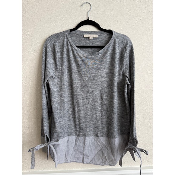 LOFT Tops - Loft Gray Heathered Mixed Media Tie Cuff Long Sleeve Top Womens Size Medium